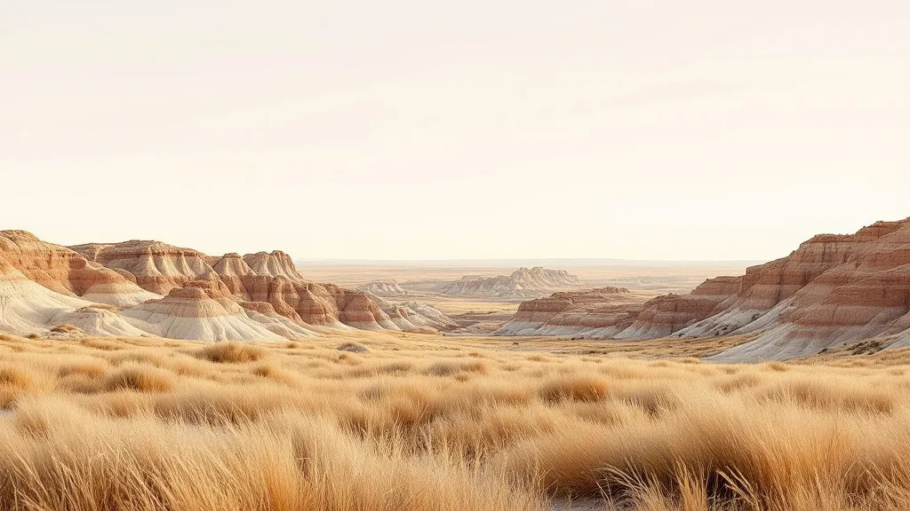 Apricot-colored Badlands ridges beneath an open South Dakota sky